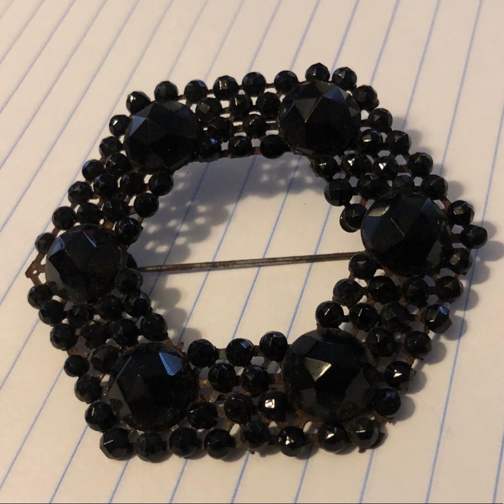 Antique brooch, black Czech crystals